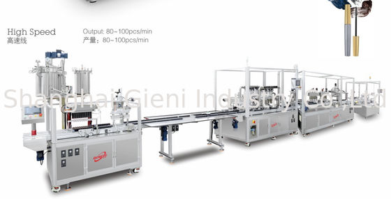 Two Tanks Liquid Lipstick Filling Machine with production speed at 80-100ppm and ±0.1G precision